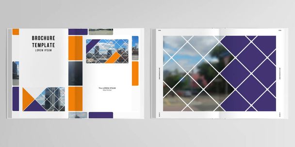 3D ρεαλιστική διανυσματική διάταξη των προτύπων κάλυψης mockup για A4 δίπτυχο φυλλάδιο, σχεδιασμό εξωφύλλου, βιβλίο, περιοδικό, εξώφυλλο φυλλαδίου. Αφηρημένο σχέδιο σε γεωμετρικό στυλ με τετράγωνα και χώρο για μια φωτογραφία - Διάνυσμα, εικόνα