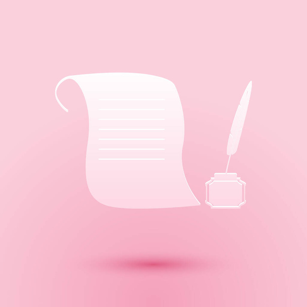 Papel cortado Pluma en el tintero y el icono de desplazamiento de papel aislado sobre fondo rosa. Estilo de arte de papel. Vector. - Vector, imagen