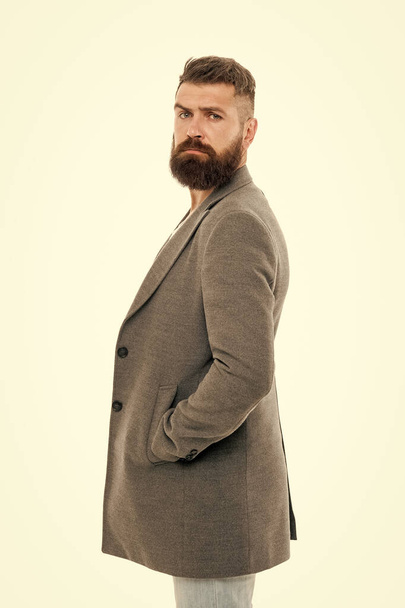 Casual jacket perfect for any occasion. Feeling comfortable in natural fabric clothes. Simple and casual. Casual outfit. Menswear and fashion concept. Man bearded hipster stylish fashionable jacket - Фото, изображение