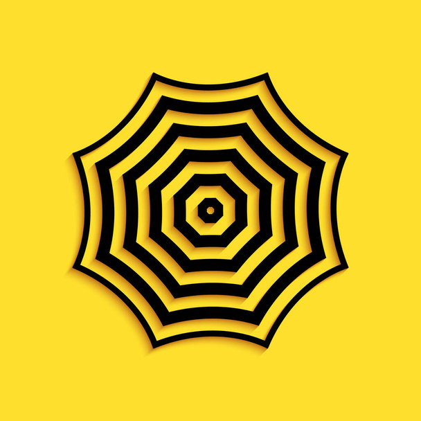 Black Sun parasol fo ikona plaży izolowane na żółtym tle. Duży parasol do przestrzeni zewnętrznej. Wakacje letnie lub akcesoria piknikowe. Długi styl cienia. Wektor. - Wektor, obraz