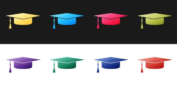 Установите значок Graduation cap, изолированный на черно-белом фоне. Выпускная шляпа с иконкой кисточки. Вектор. - Вектор,изображение
