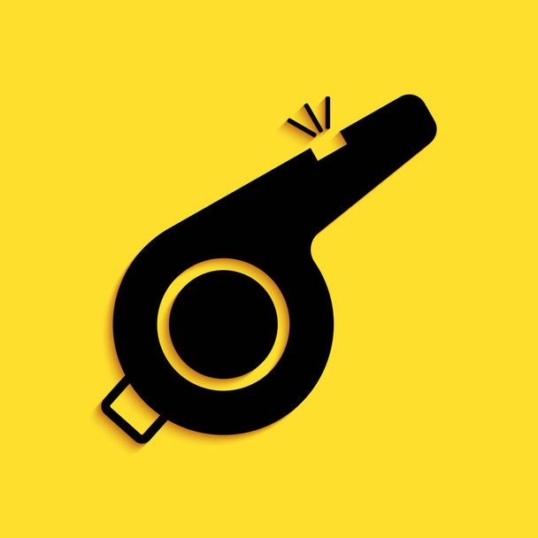 Ikona Black Whistle izolovaná na žlutém pozadí. Symbol rozhodčího. Fitness a sportovní znamení. Dlouhý stínový styl. Vektor. - Vektor, obrázek