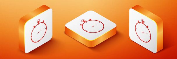 Ισομετρική εικόνα χρονόμετρου που απομονώνεται σε πορτοκαλί φόντο. Χρονόμετρο. Πορτοκαλί τετράγωνο κουμπί. Διάνυσμα. - Διάνυσμα, εικόνα