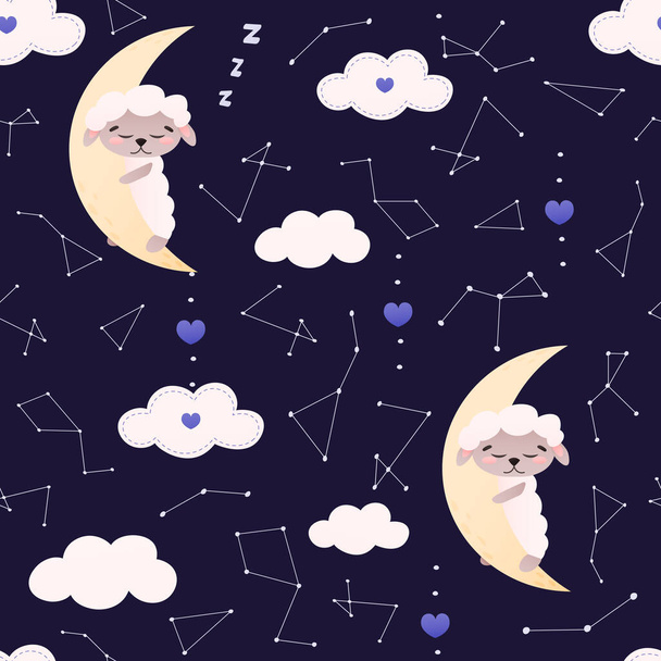 Modèle de rêves doux enfantins avec caractère animal mignon moutons dormant sur la lune, étoiles, nuages et constellations sur fond sombre, pour envelopper du papier ou du tissu, literie pour enfants dans le style dessin animé - Vecteur, image