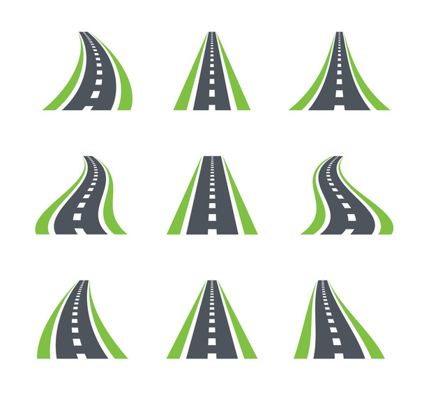 Símbolos da estrada. Conceito de estrada curva, estrada, ícones de direção ou sinais - Vetor, Imagem