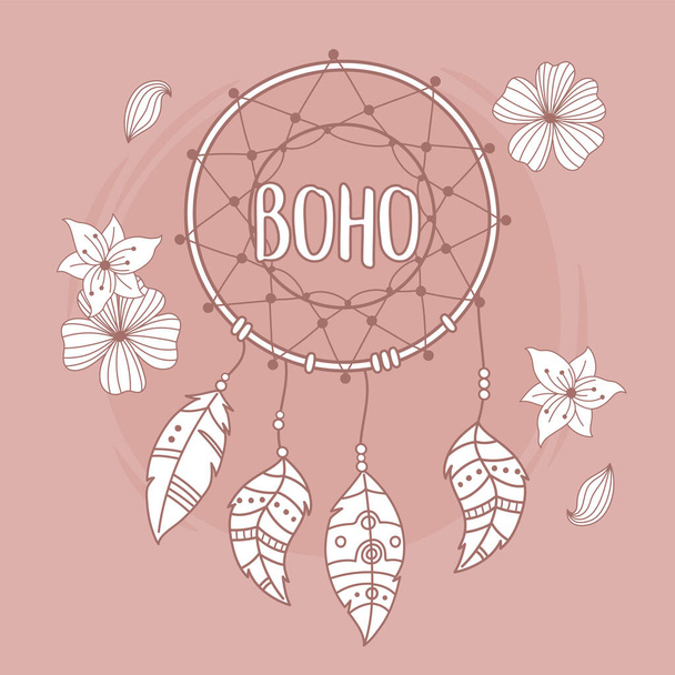 dreamcatcher with flowers and freathers boho and tribal - Vector, Image