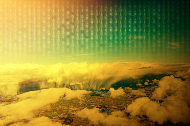 Концептуальне зображення погодних подій та двійкового коду, що показує дистопічне майбутнє з глобальними екологічними та комп'ютерними проблемами
. - Фото, зображення
