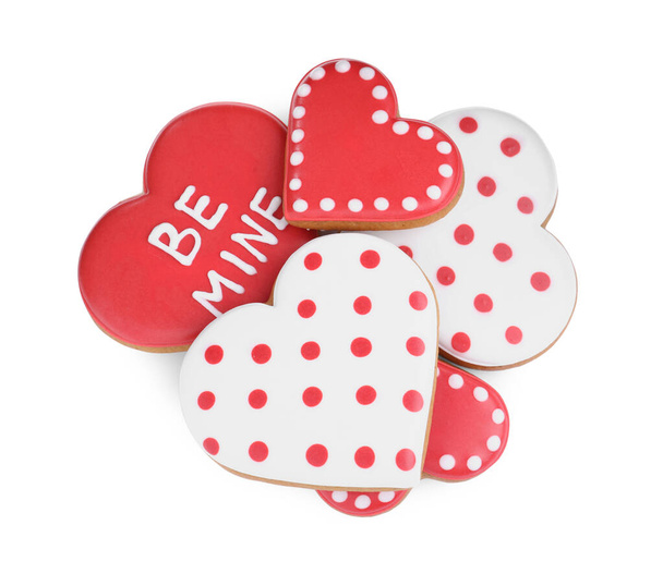 Delicious heart shaped cookies on white background, top view. Valentine's Day - Фото, изображение