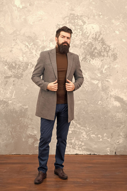 trendy man with beard. Modern life. Male fashion model. Mature businessman. Casual style. Brutal bearded hipster in denim wear. autumn style of trendy man. trendy man in fall coat. Ambitious man - Photo, image