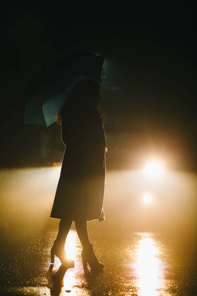 Moody jelenet késő ősszel. Lány séta esernyővel az esős és ködös időben - Fotó, kép