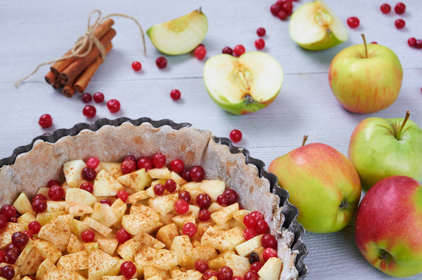 Close up view on apple pie in the baking dish decorated with fresh apples, cranberry, spices, cinnamon sticks on the gray kitchen background. Autumn tart with raw ingredients - Fotoğraf, Görsel