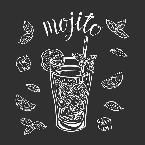 Mojito classic cocktail hand drawn vector illustration. Lemonade glass with ice and a slice of lime and a straw and mint leaves, for cocktail cards. Homemade mojito lettering, isolated illustration. - Vektori, kuva