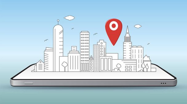 Smart City und Mobile Navigation Concept Vector Illustration. Linienkunst Stadtzeichnung auf Smartphone mit Pin-Map-Symbol. - Vektor, Bild