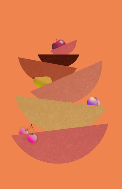 Abstracte houten kommen zijn te zien met fruit in deze decoratieve voedsel illustratie. - Foto, afbeelding