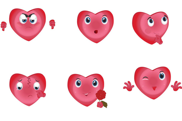 Heart collection. Emoticons. Love symbol. Cartoon design element for Valentines Day greeting card, kids coloring book page, t-shirt print, icon, logo, label, patch, sticker. - Vektor, Bild