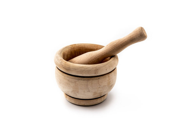 Wooden mortar and pestle isolated on white background - Photo, Image