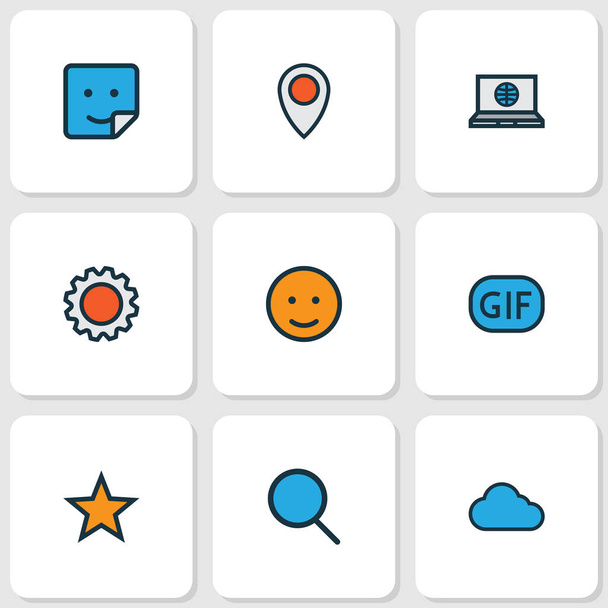 Ícones de comunicação colorido conjunto de linha com configurações, localização, emoji e outros elementos nublados. Ícones isolados de comunicação ilustração vetorial. - Vetor, Imagem