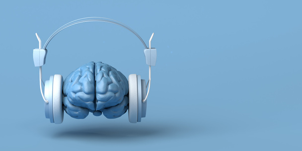 Cervello con le cuffie. Creatività. Musica. Illustrazione 3d. - Foto, immagini