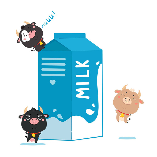 牛乳のパッケージと牛や牛のイラスト. - ベクター画像