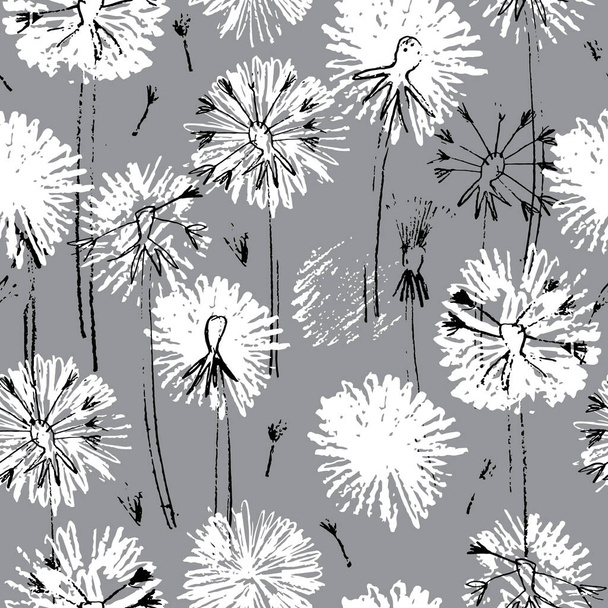 Seamless pattern with hand drawn dandelion flowers on gray background - Διάνυσμα, εικόνα