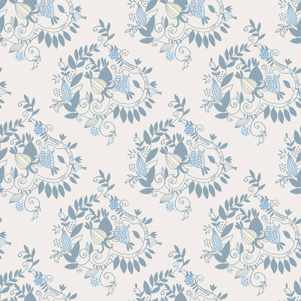 Damask seamless pattern with branches, leaves and fantasy fruit on dark blue background - Vektor, obrázek