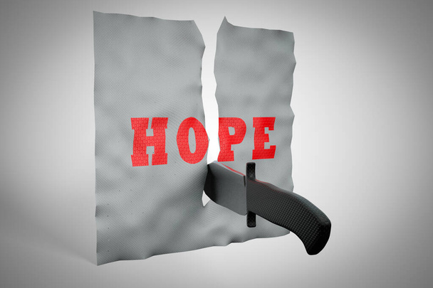 失われた希望の概念を実証する上で書かれた希望を持つナイフカット紙。3Dイラスト - 写真・画像