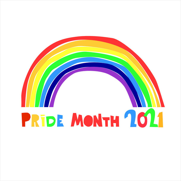 Mes del Orgullo 2021. Logotipo con letras a mano con arco iris, eslogan - Vector, imagen