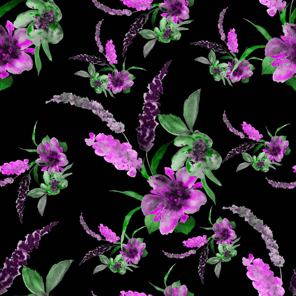 Watercolor seamless pattern with hand draw flowers on black. Bright spring or summer print for any purposes. Decorative floral pattern. Colorful nature background. - Foto, Imagen