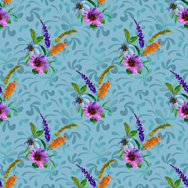 Watercolor seamless pattern with hand draw flowers. Bright spring or summer print for any purposes. Decorative floral pattern. Colorful nature background. - Foto, Imagem