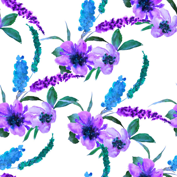 Watercolor seamless pattern with hand draw flowers. Bright spring or summer print for any purposes. Decorative floral pattern. Colorful nature background. - Фото, зображення