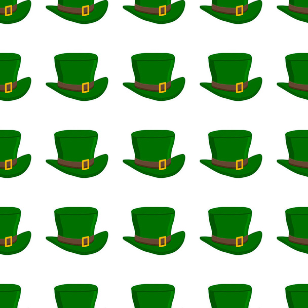 Ilustracja na temat irlandzkiego święta St Patrick dzień, czapki bez szwu nakrycia głowy. Wzór St Patrick dzień składający się z wielu identycznych kapeluszy na białym tle. Kapelusze to główne wyposażenie na dzień św. Patryka. - Wektor, obraz