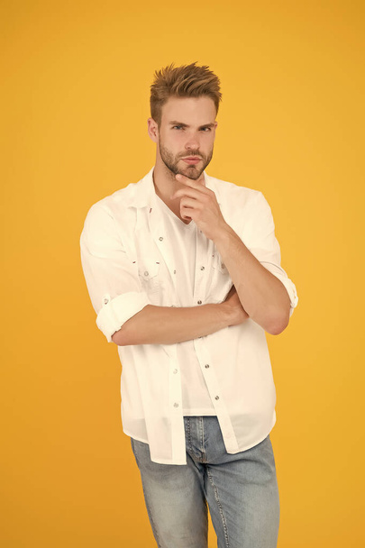 summer and spring collection. barber hair care. handsome man wear white shirt. male casual fashion style. sexy and young guy. students life. confident man standing in white shirt. his perfect style - 写真・画像