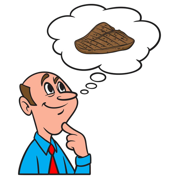 Thinking about Grilled Steak - A cartoon illustration of a man thinking about Grilled Steak. - Vector, Image