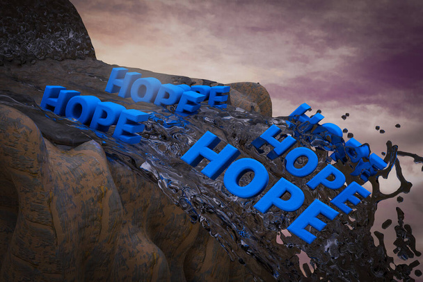 Naděje padá z vodopádu a demonstruje ztracenou naději. 3D ilustrace - Fotografie, Obrázek