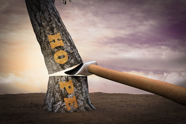 Drzewo wycięte siekierą ze słowem nadzieja na demonstrowanie koncepcji utraconej nadziei. 3D ilustracja - Zdjęcie, obraz