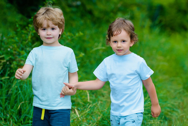 Brothers happy walk. Children outdoor in spring park, best friends. Kids family relationships adaptation. - Photo, image