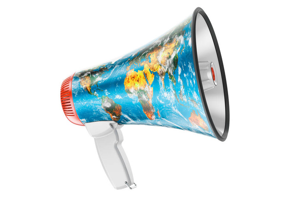 Megaphone with Earth map texture, 3D rendering isolated on white background - Fotografie, Obrázek