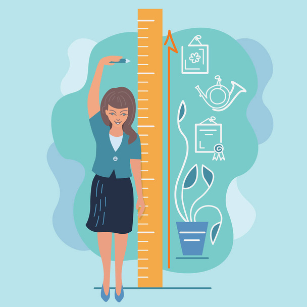 Girl measures her height with ruler and pencil. Personal growth, female ambition, self-development, imposter syndrome. Doodle,  flat illustration. - Photo, Image