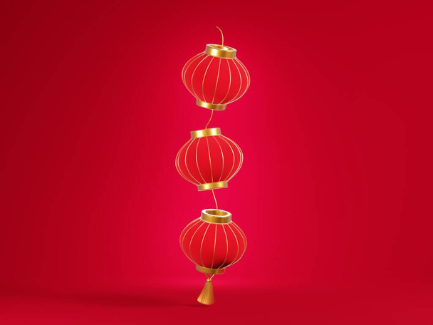 3D render piros lámpák bojtos elszigetelt piros háttér, design elemek kínai hold év, kínai újév banner, boldog új évet, kínai hold újév koncepció. - Fotó, kép