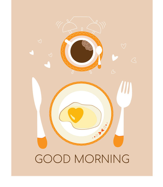 Aranyos sült tojás tányéron, szív alakú.Kupa kávé, ébredés, energiaital, kávé szünet. Angol reggeli, nápolyi kávé. Kaja, reggeli rajzfilm koncepció. Lapos vektor illusztráció, elszigetelt tárgyak. - Vektor, kép