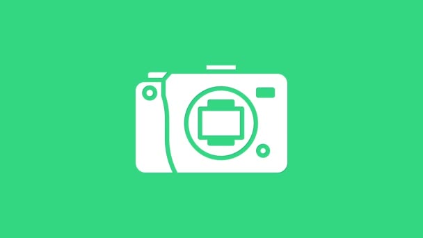 Biała ikona bezlusterkowca odizolowana na zielonym tle. Ikona kamery Foto. 4K Animacja graficzna ruchu wideo - Materiał filmowy, wideo