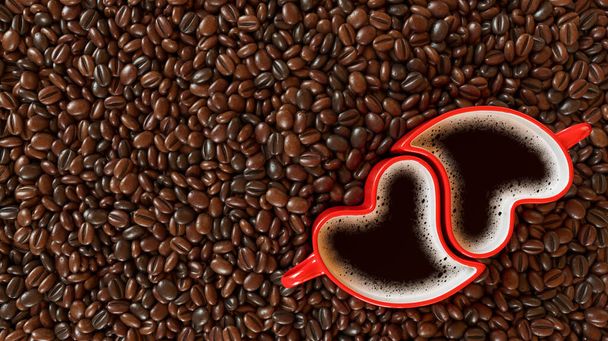 Dwie filiżanki w postaci serca na ziarnach kawy. Walentynki, ilustracja renderowania 3D. - Zdjęcie, obraz