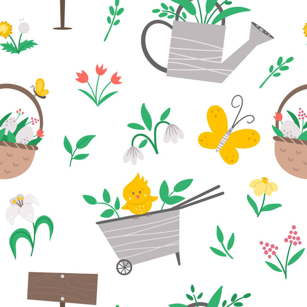 Векторный симпатичный сад или пасхальный узор. Повторяющийся фон с тележкой, лейкой, яйцами, первыми цветами и растениями. Плоский пружинный садовый инструмент для детей - Вектор,изображение