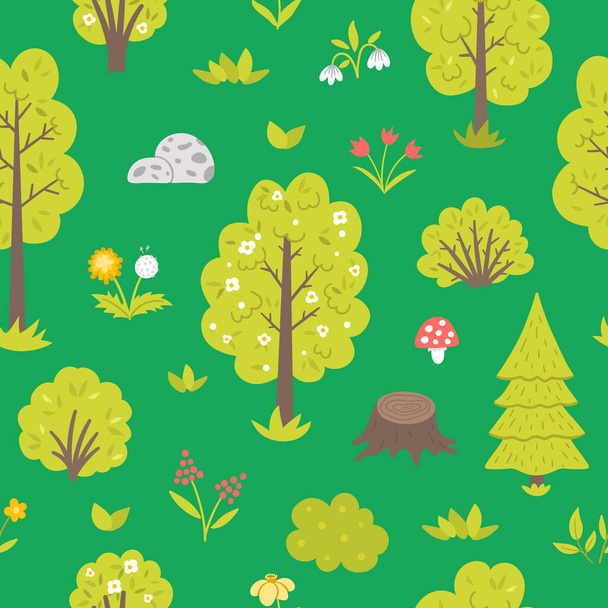 庭や森の木、植物、低木、茂み、花とベクトルシームレスパターン。平らな春の森や農場の緑の繰り返しの背景。緑｜デジタルペーパー - ベクター画像