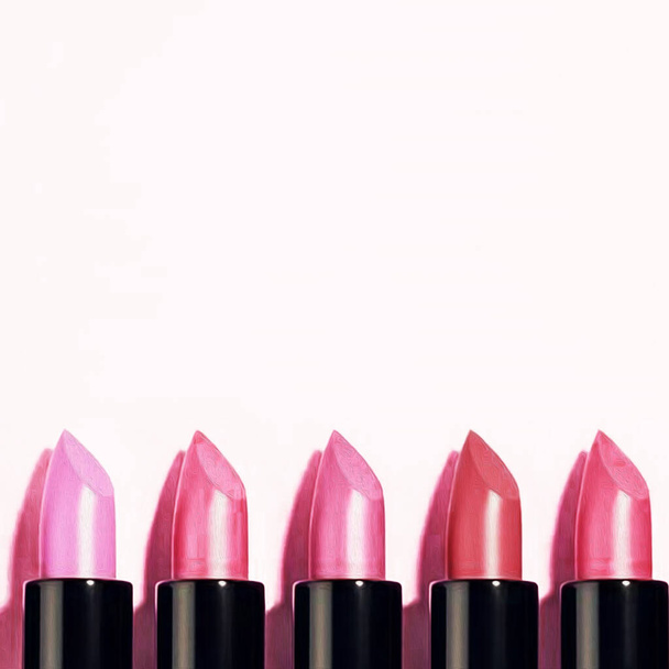 Hintergrund von fünf Lippenstiften in einem rosa Farbton. Imitation von Ölgemälden. 3D-Illustration. - Foto, Bild