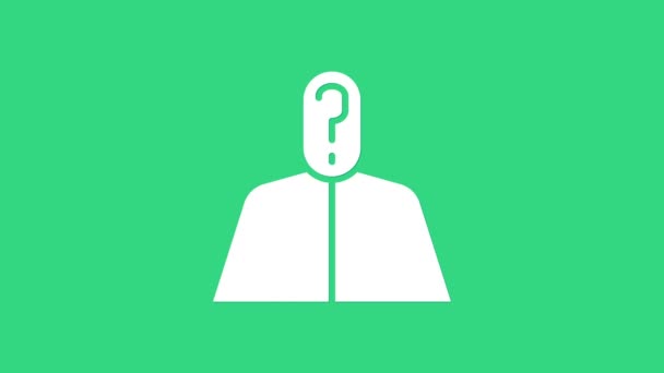 Homme anonyme blanc avec icône de point d'interrogation isolé sur fond vert. Utilisateur inconnu, profil incognito, secret d'affaires, obscurité. Animation graphique de mouvement vidéo 4K - Séquence, vidéo