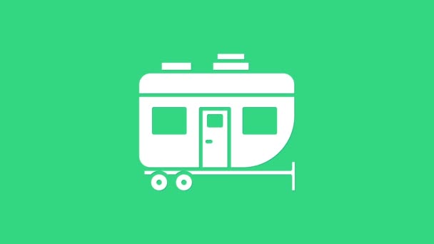 White Rv Camping trailer icon isolated on green background. Travel mobile home, caravan, home camper for travel. 4K Video motion graphic animation - Footage, Video