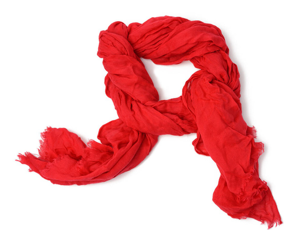 червона мода бавовняний червоний шарф ізольований на білому тлі, аксесуар в'язаний, вид зверху
 - Фото, зображення