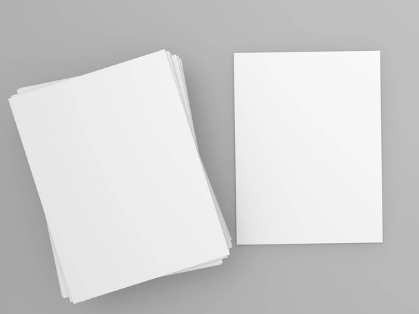 Leere DIN-A4-Papiervorlagen auf grauem Hintergrund. 3D-Darstellung. - Foto, Bild