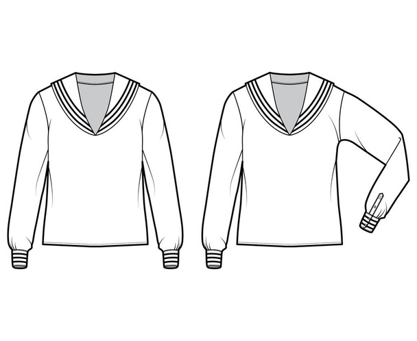 Σύνολο πουκάμισα middy ναυτικός κοστούμι τεχνική απεικόνιση μόδας με μακριά μανίκια, μήκος χιτώνα, υπερμεγέθης. Επίπεδη ένδυση - Διάνυσμα, εικόνα